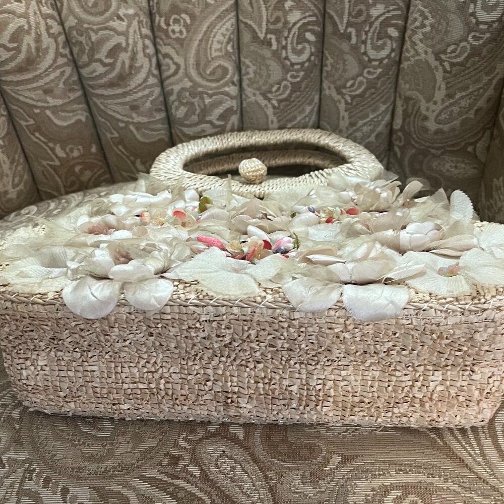 Vintage Flower Embellished Lined Straw Handbag Purse - Picture 6 of 11